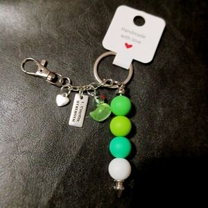 Green and White Beaded Keychain